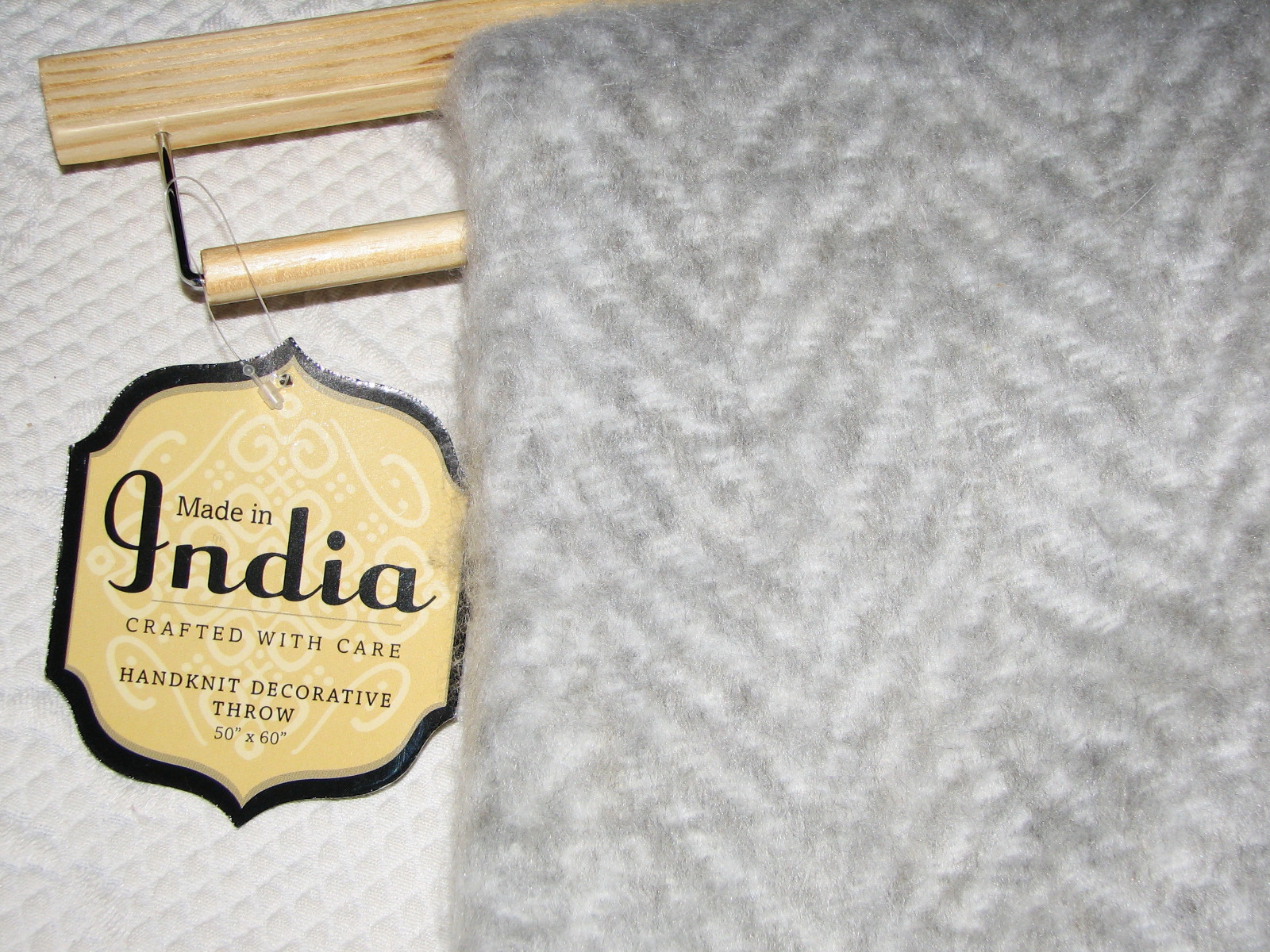 Gray Herringbone Luxury Wool Blend Throw Crochet Detail & Fringe Handknit India