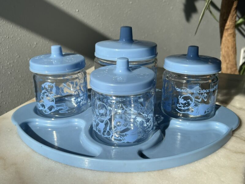 Vintage Blue Vanity Set Baby Boy Glass Storage Caddy Round the Clock Bath Lot
