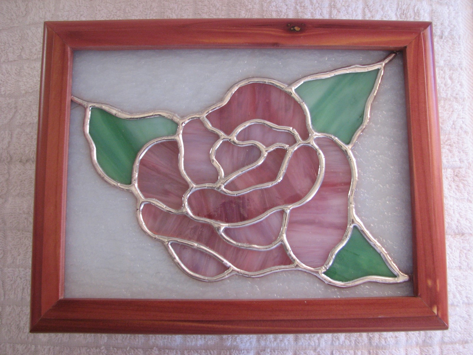 LEADED STAINED GLASS ROSE WITH CEDAR JEWELRY BOX MADE IN USA