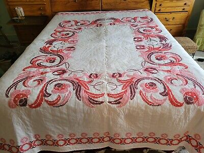 Vintage Finished Cross Stitch Bedspread Quilt Queen Size 80 x 94 as-is