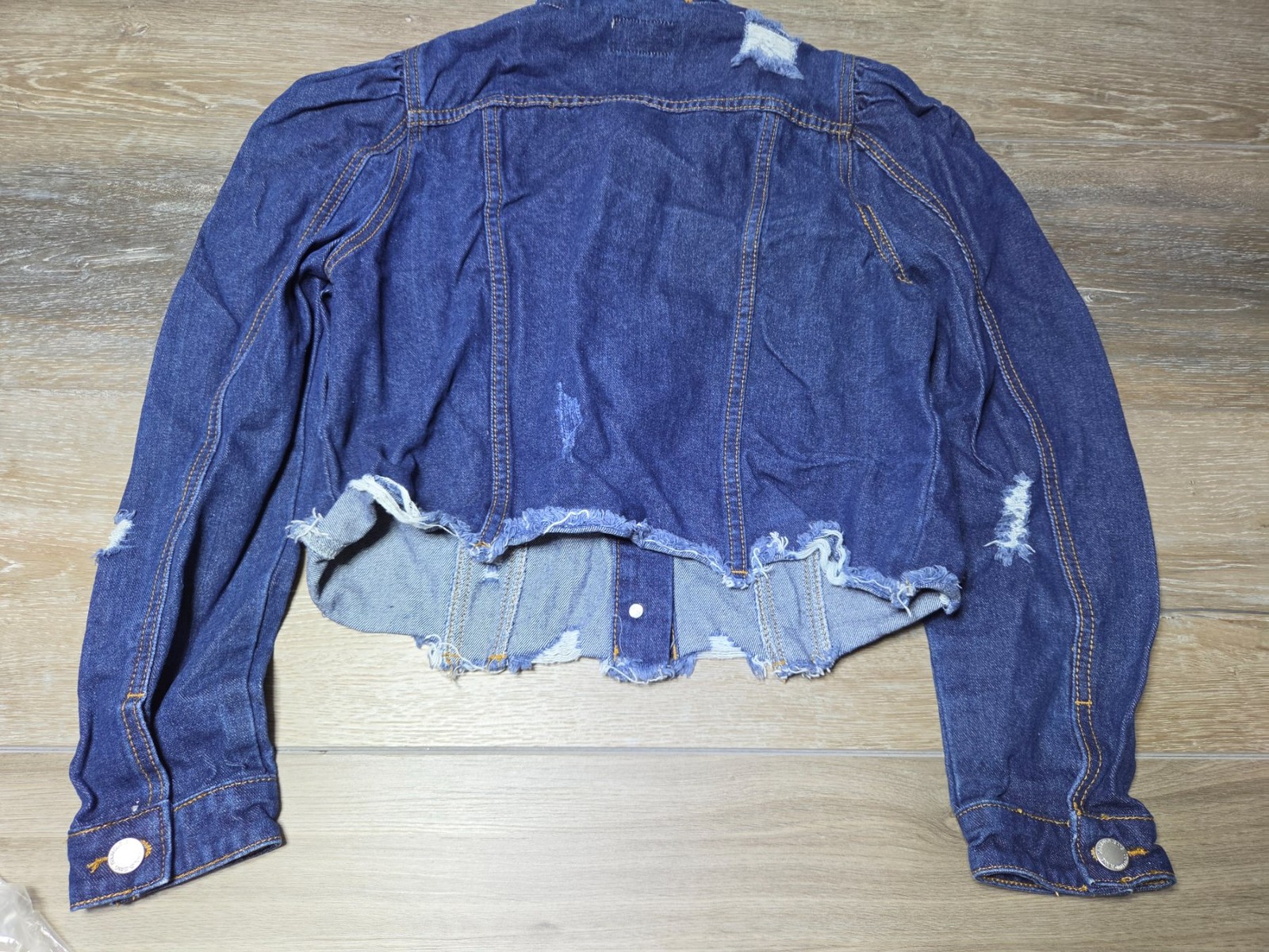 Denim Blvd Rhinestone Distressed Cropped Denim Jacket Women's L Blue