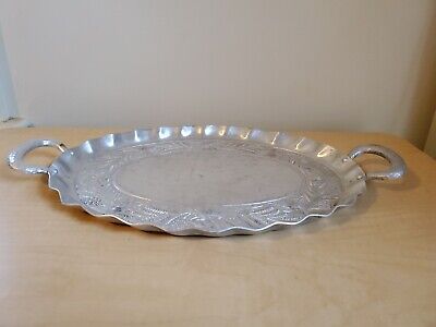 Vintage Canterbury Arts Hammered & Stamped Aluminum Oval Platter Tray w/ handles