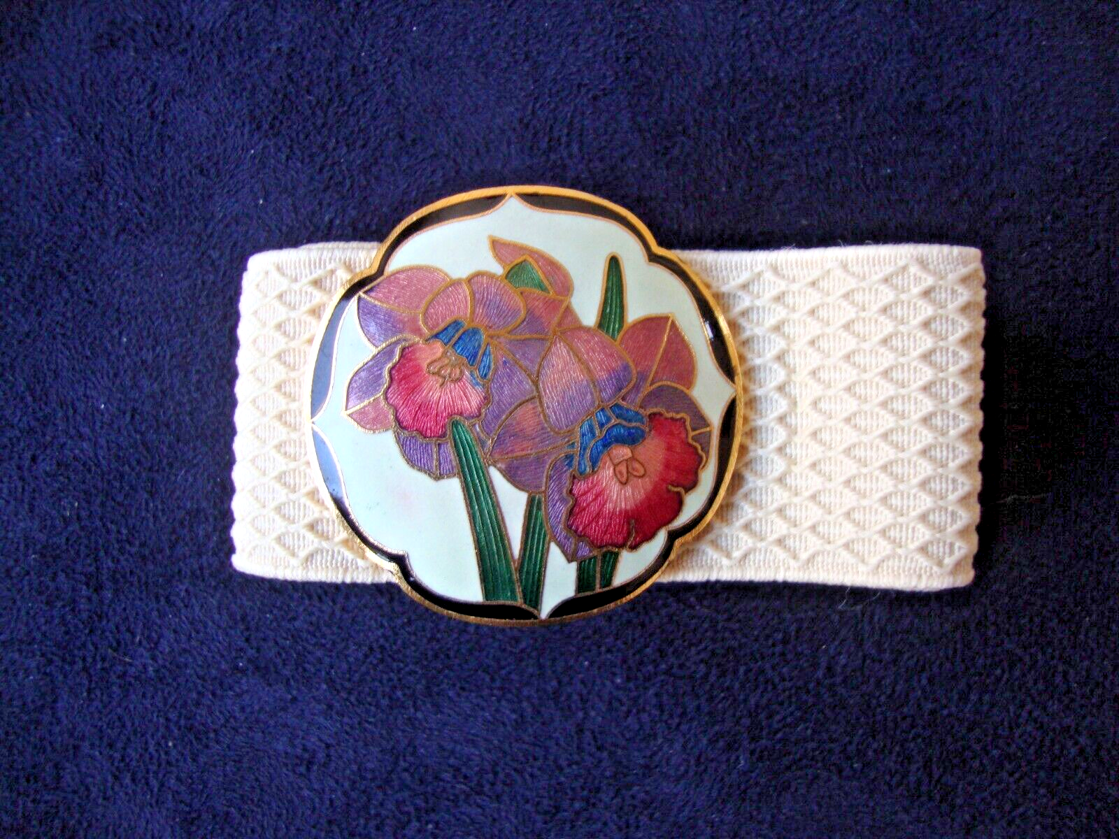 VINTAGE ART NOUVEAU CLOISONNE MULTI COLOR IRIS WHITE BUCKLE W/ ELASTIC BELT