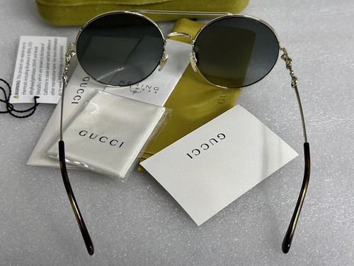 Pre-owned Gucci Gg0878s 001 Gold Havana Frame Grey Lens 59-20-140 Sunglasses Gg 0878 In Gray