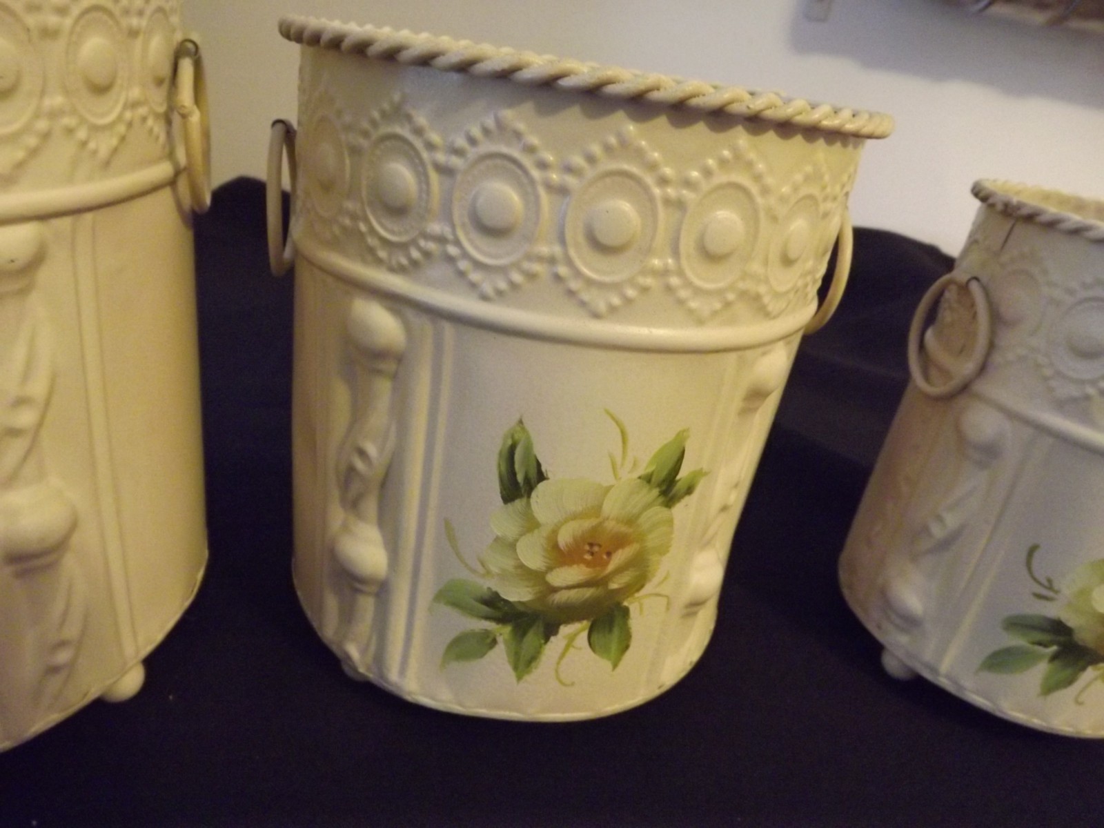 SET OF 3 METAL HANDPAINTED CONTAINERS FLORAL planters STORAGE SHABBY DECOR