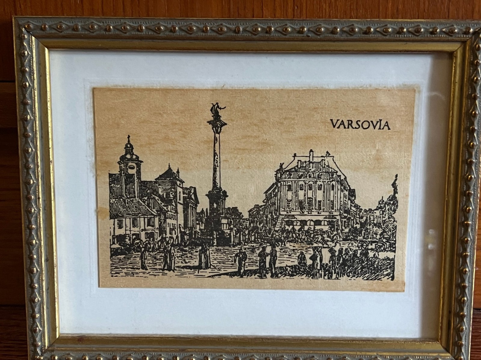 Sketch Print Of Warsaw Varsovia Framed Vintage European cityscape Matted gold 9"