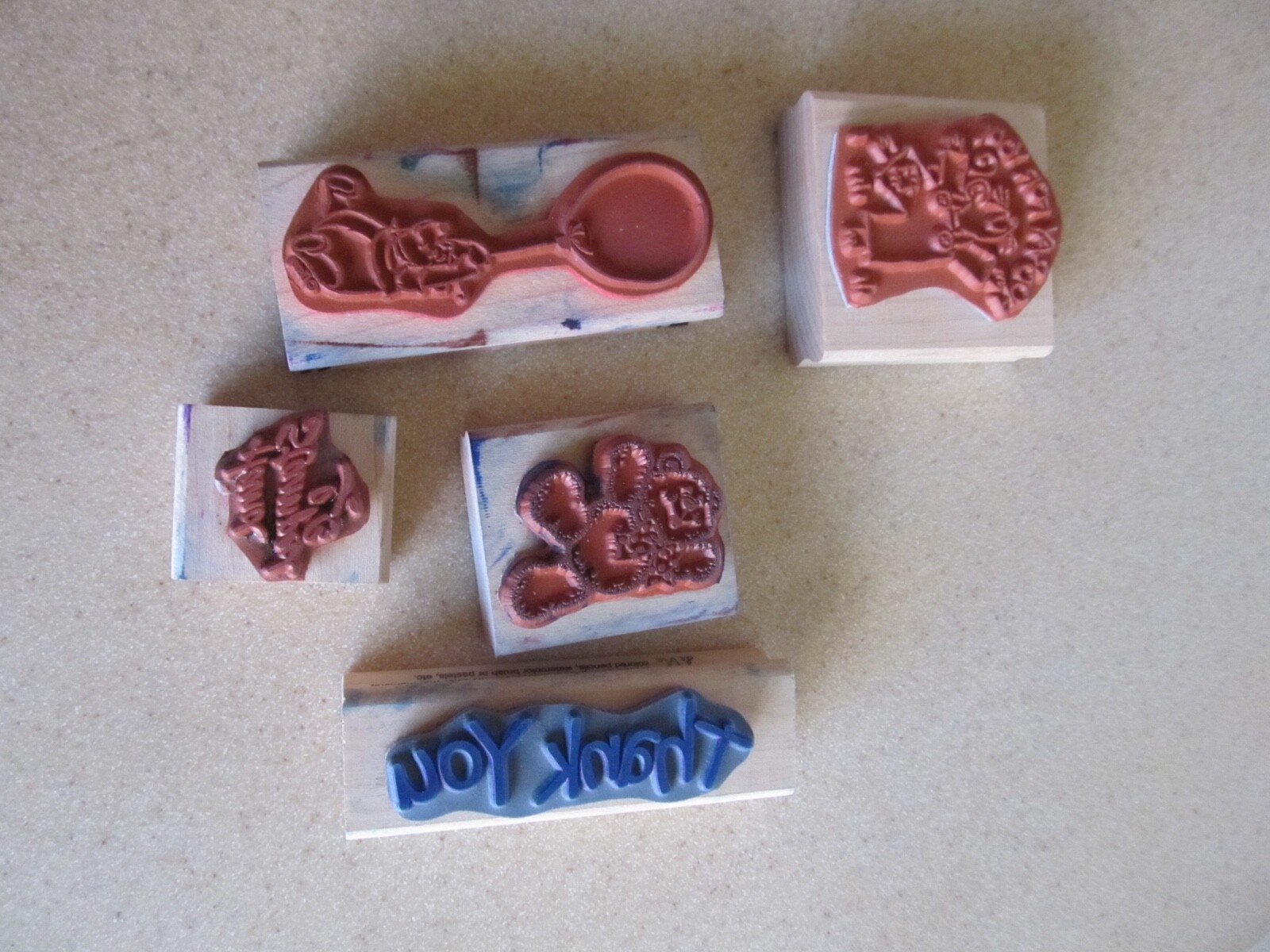 LOT 5 rubber wooden  stamps Pooh Hooray Mouse Thank You Bear Hand Stamped  Used