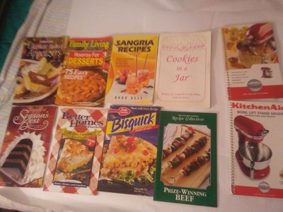 lot of books-recipes-kitchen aid mixer-sangria -cookies in a jar-pamphlets