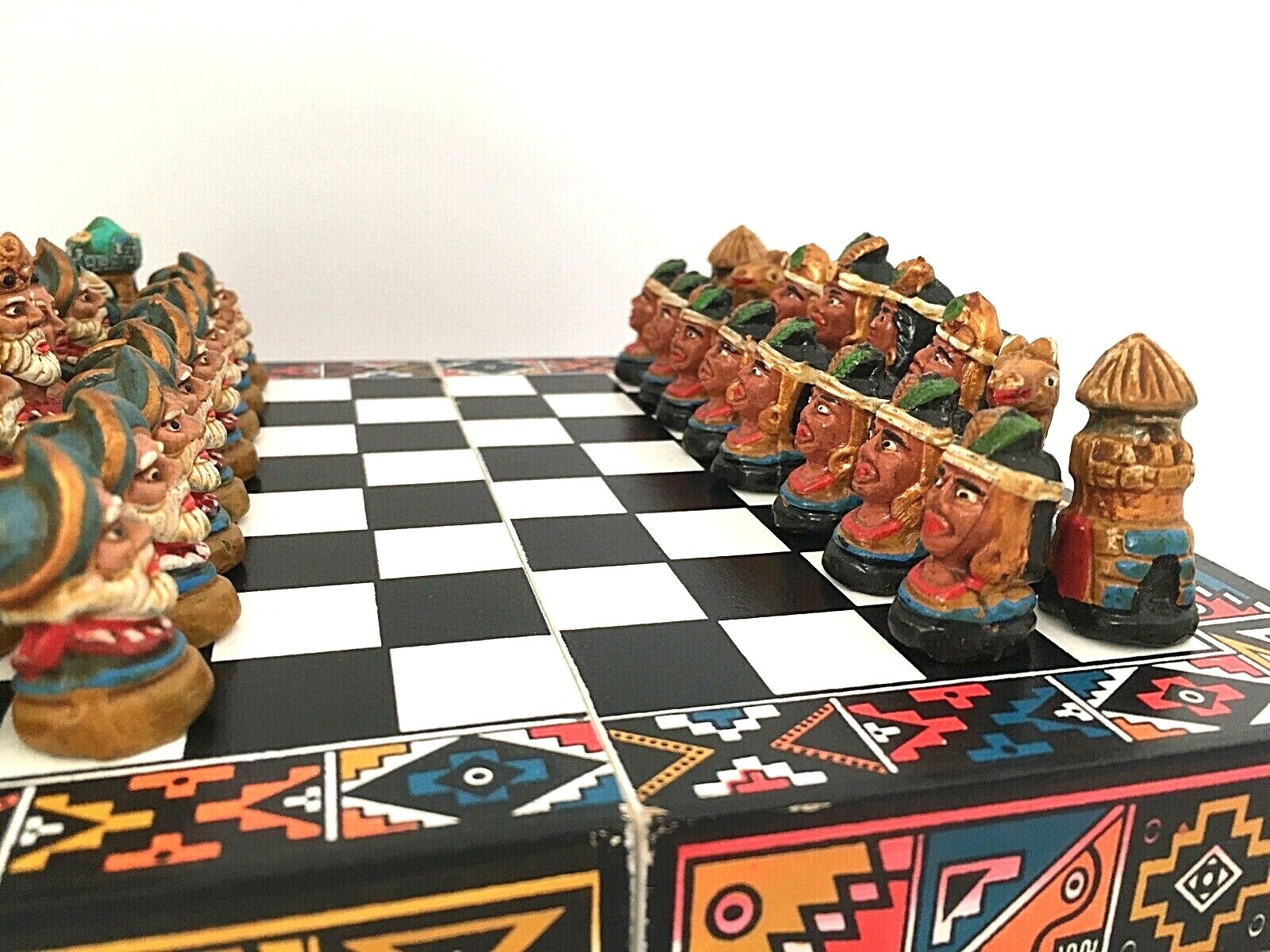 Handmade Wooden Chess Game Handpainted Spanish Soldiers Vs Indians Peruvian