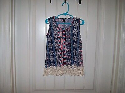OBSESSIVE LOVE GIRLS SLEEVELESS PRINTED TOP WITH IVORY FLORAL CROCHET SIZE 4 