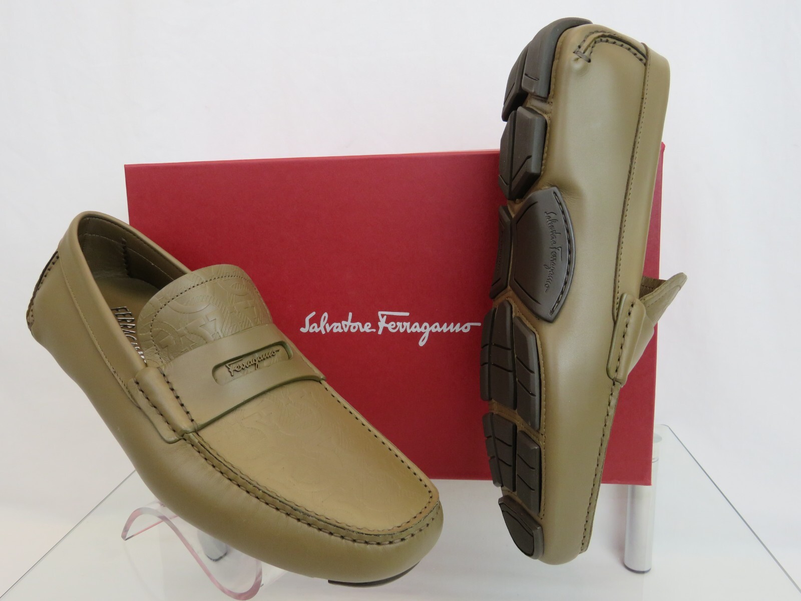 Pre-owned Ferragamo Newton Brown Leather Gancini Embossed Penny Driving Loafers 8.5 D