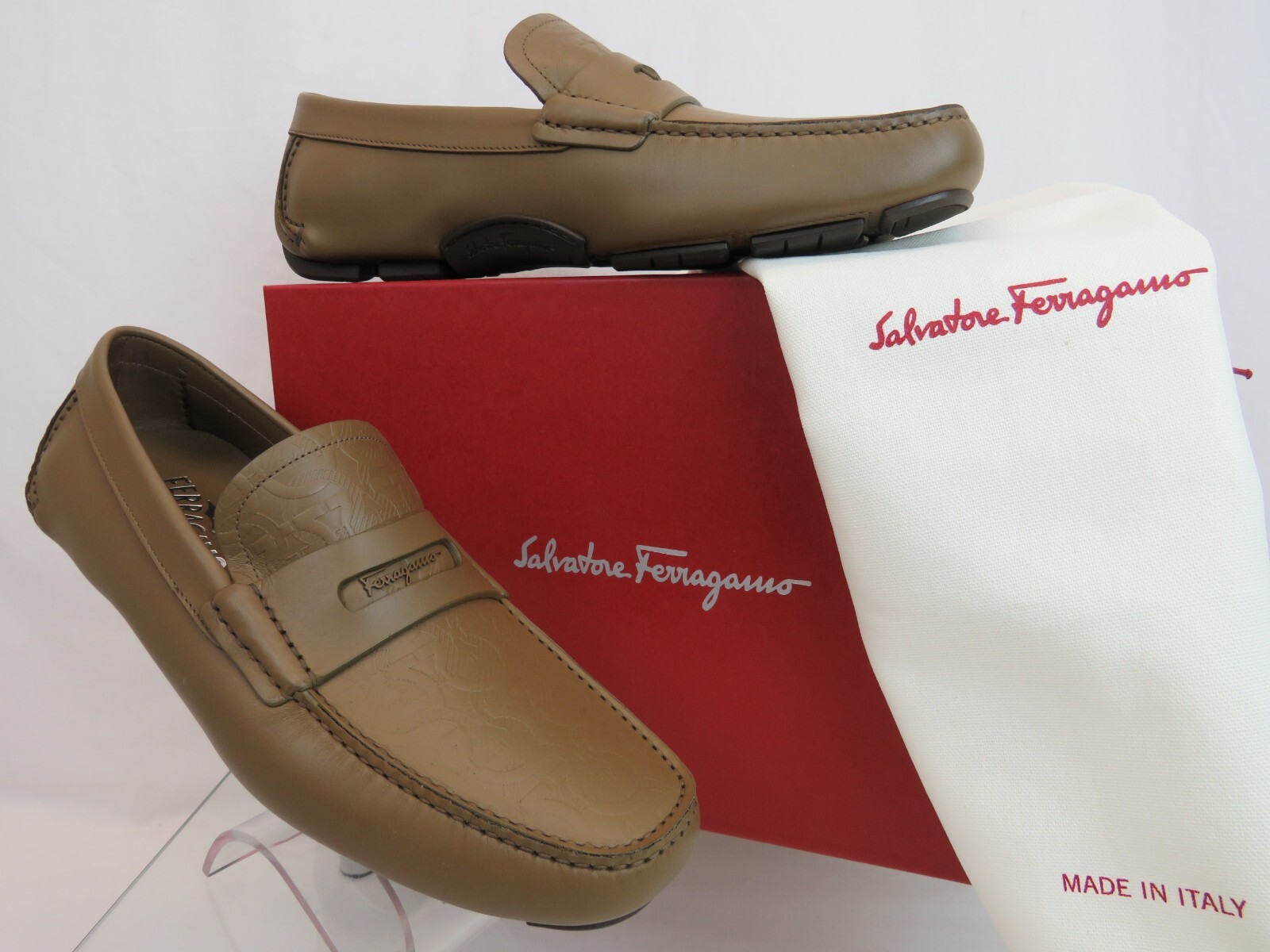 Pre-owned Ferragamo Newton Brown Leather Gancini Embossed Penny Driving Loafers 9.5 D