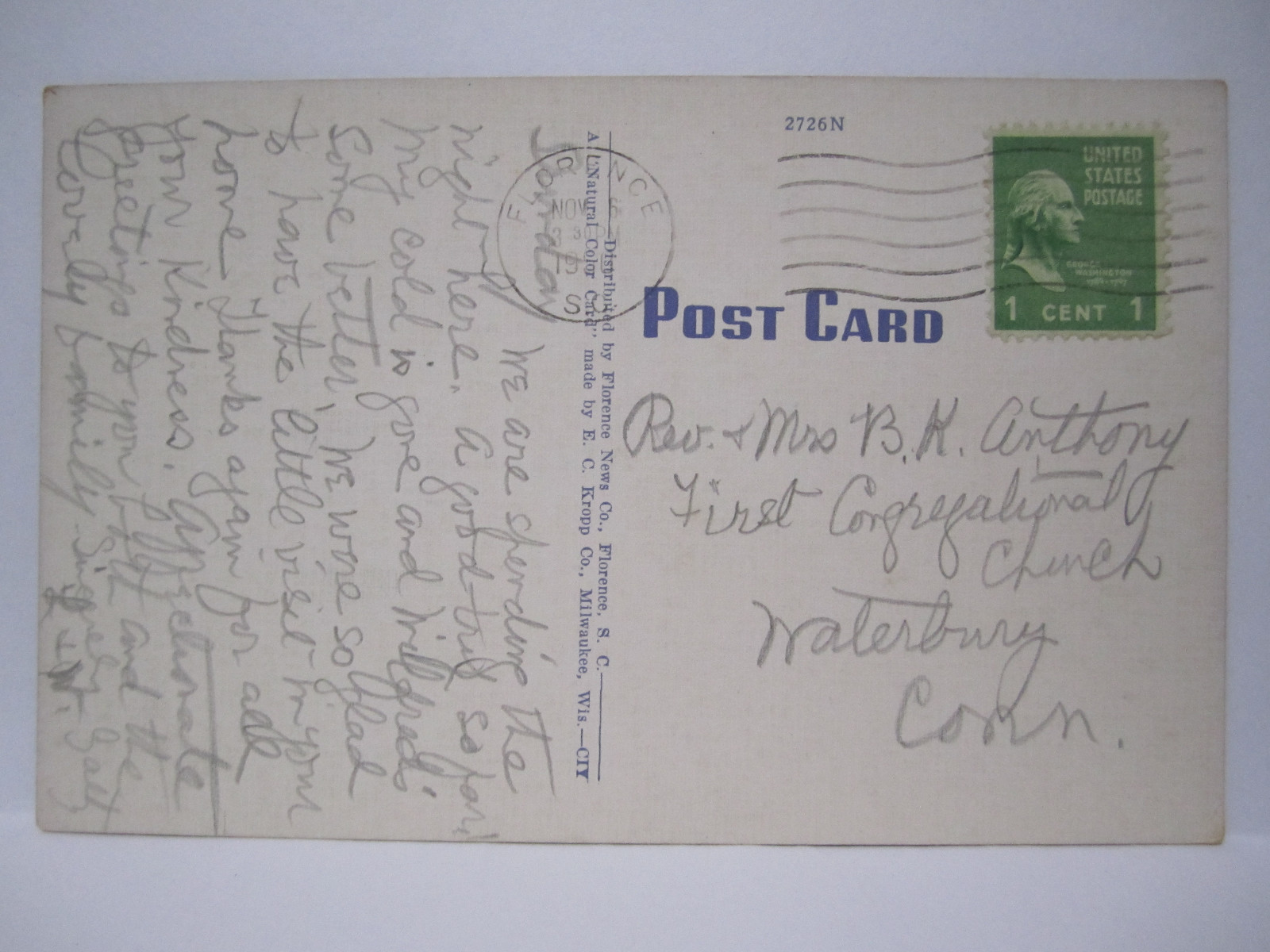 COLONIAL HOTEL MOTEL INN POSTCARD FLORENCE SC SOUTH CAROLINA 1950