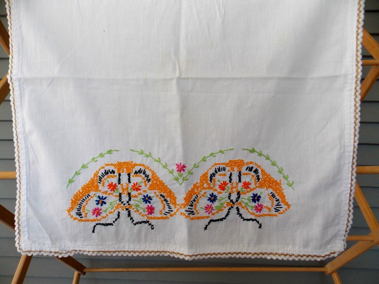 Vintage Embroidered Dresser Scarf Table Runner Butterflies Flowers #108