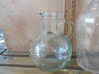 2 Vintage Glass Small Syrup Pitchers finger handles Green & Clear Bubbles seamed