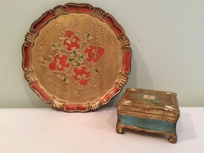 Italy Cream Orange and Gold Florentine RingJewelry tray Lovely Vintage Florentine ring tray made in Italy Vintage ORNATE Round ring dish