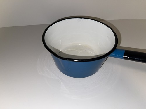 Vintage Huta Silesia Poland Blue Enamel Enamelware Steel Sauce Pan Pot # 16 60s