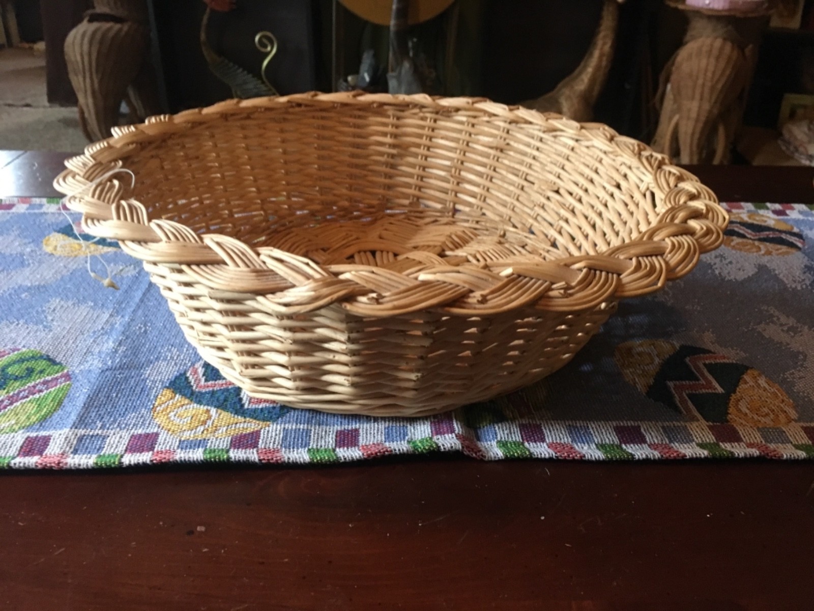 LARGE ROUND WICKER BASKET BRAIDED TRIM 14” EASTER BASKET