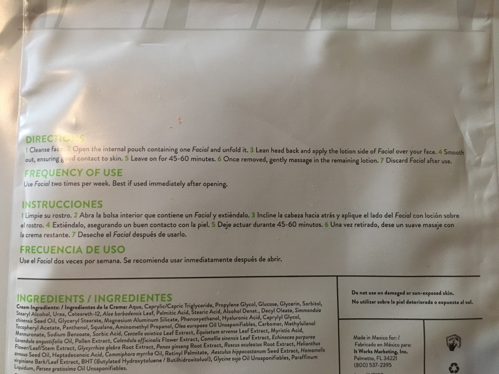 It Works! Facial Deep Hydration Mask **4 Applications** 09/2021 New Sealed