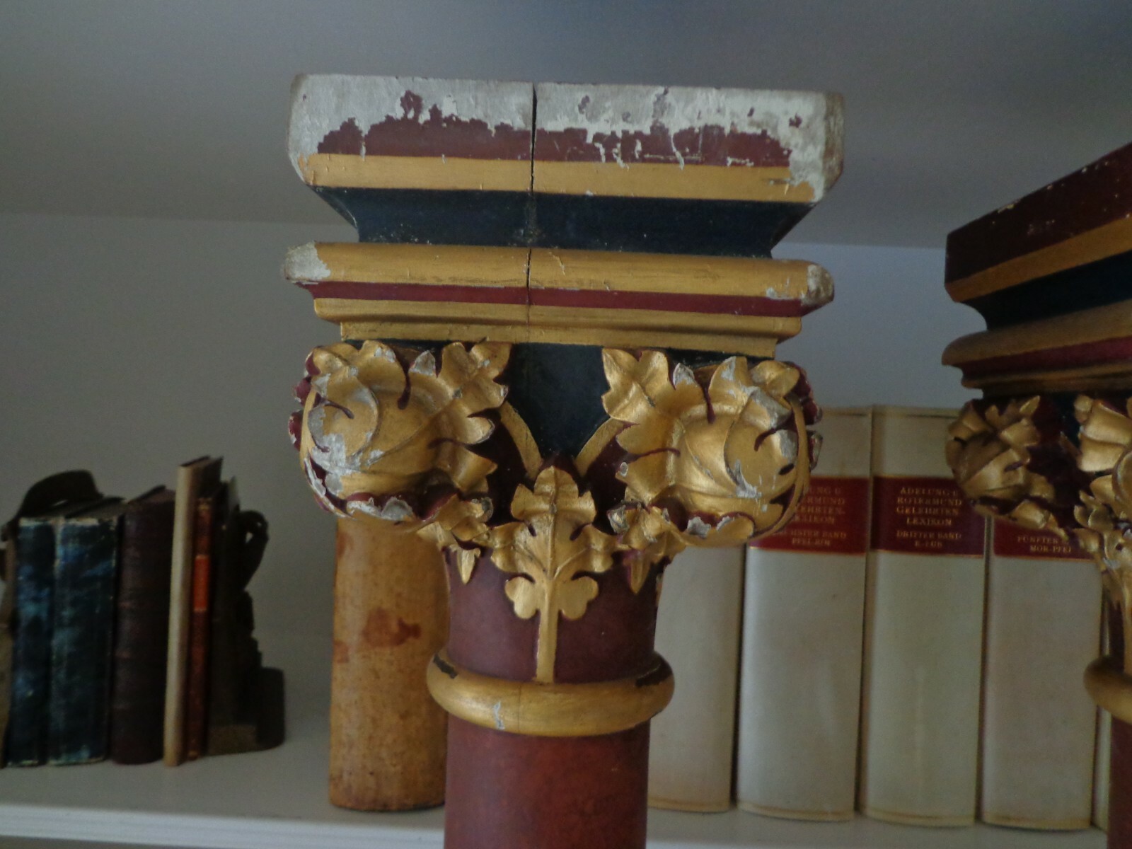 ANTIQUE 19 CENTURY FRENCH ARCHITECTURAL COLUMNS WITH HAND CARVED GOLD CAPITALS