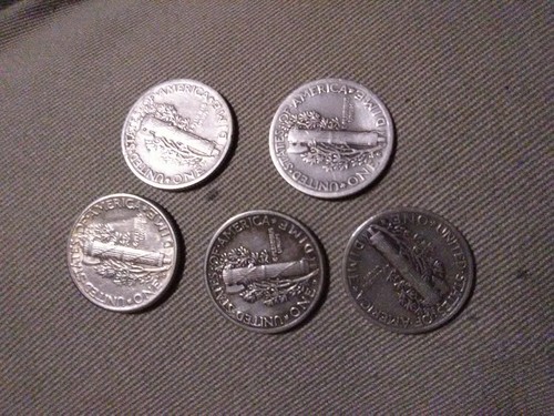 Mercury Dimes - Lot of 5, 1940's dates 90% Silver Mercury Dimes
