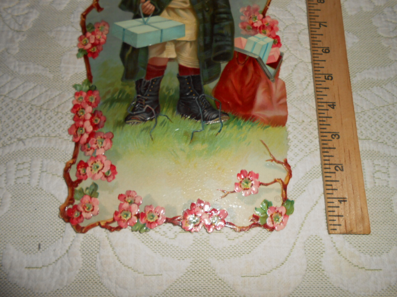 Large 1900 Antique Victorian Die-Cut Sign Little Boy In Boots NOS