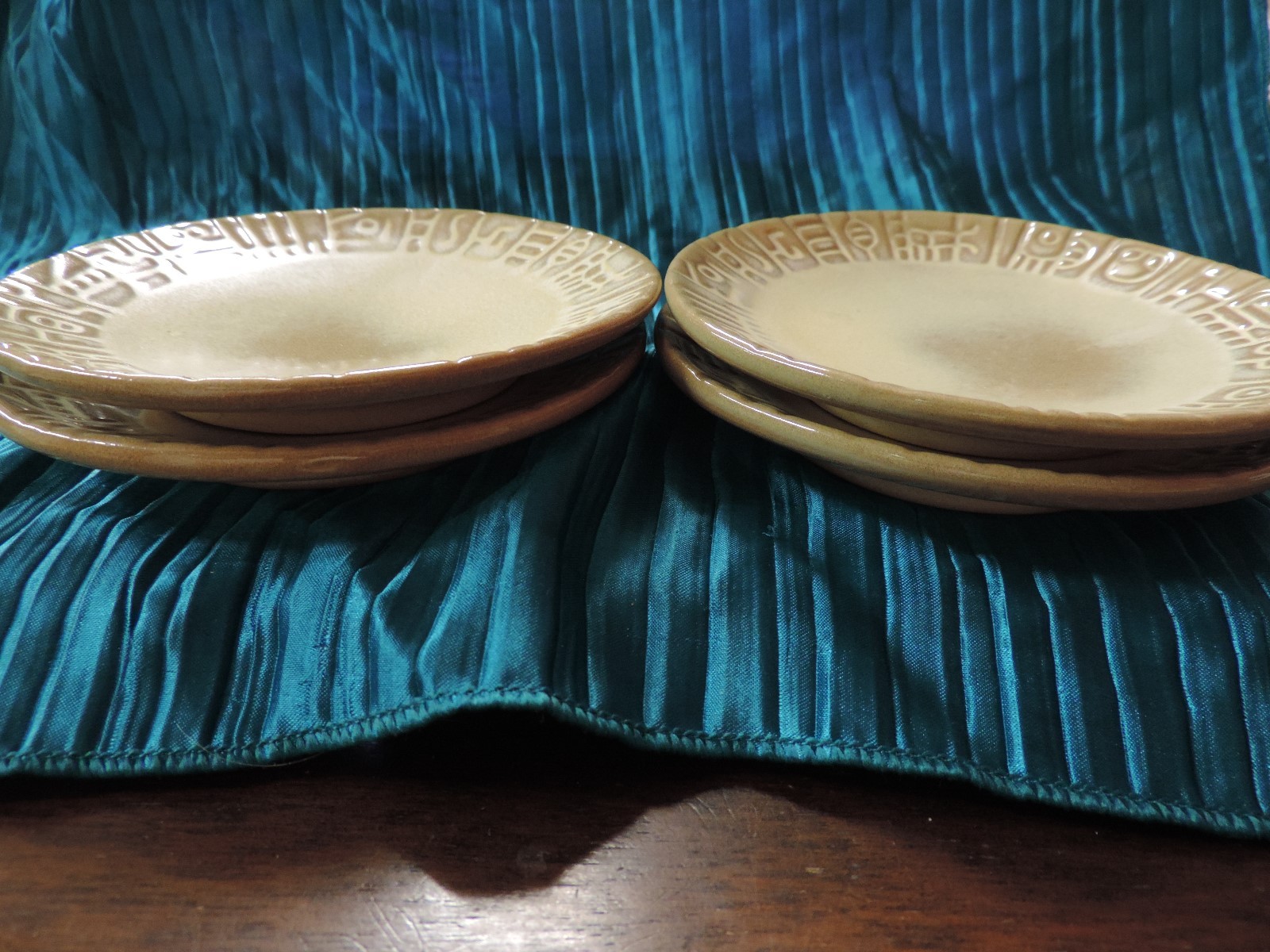 Four Vintage Frankoma Pottery Tan Gold Mayan Aztec Desert bread plates 5 1/4