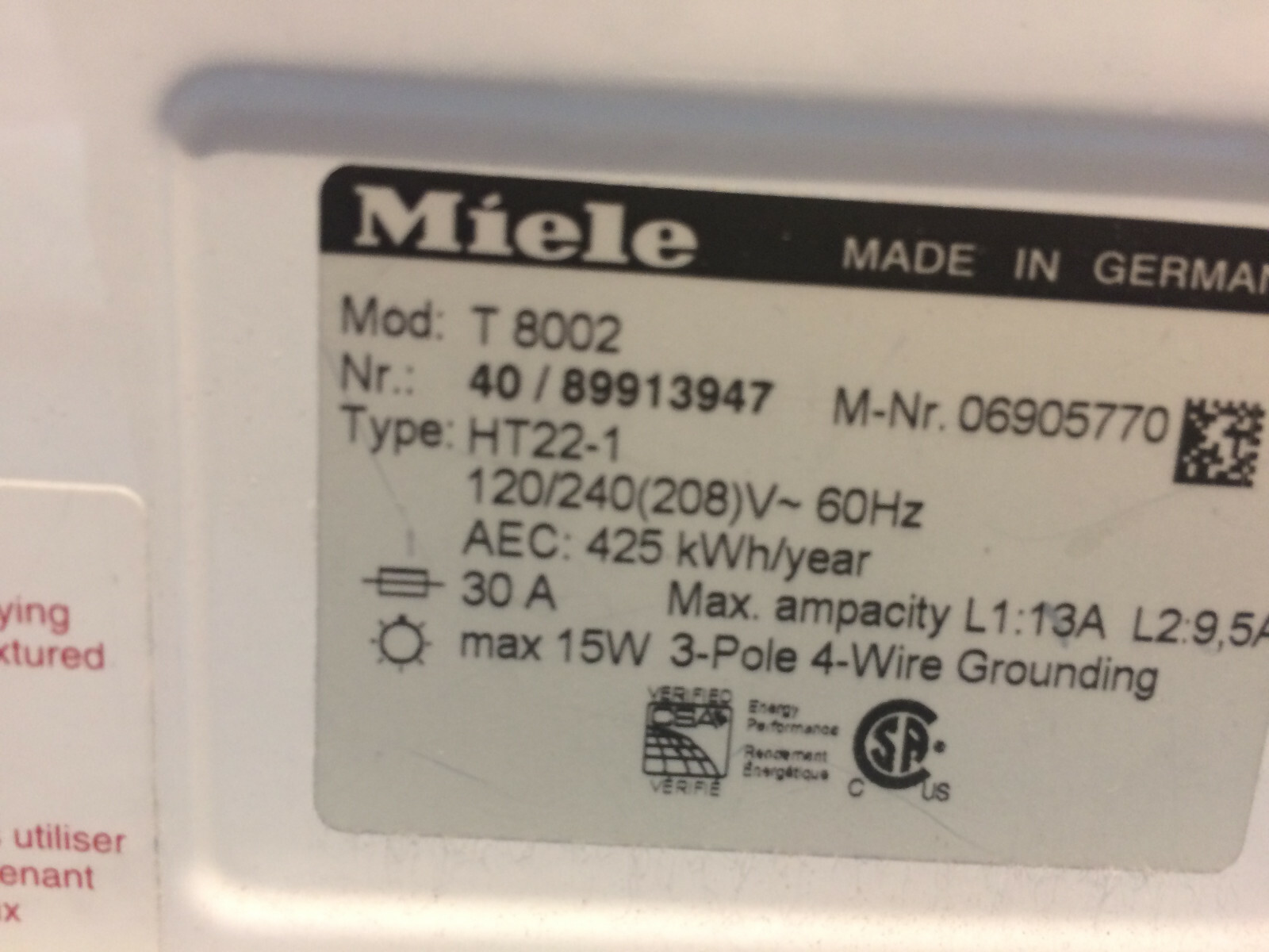 Miele T 8002 Dryer