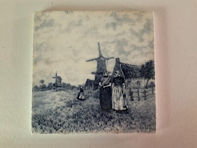 Antique Blue and White Dutch Delft TILE 6'' Woman Windmills Kinderdijk Holland