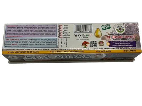 ORGANIC Sea Moss Herbal Toothpaste By AL-RIYAN, Fluoride Free Vege Base 5 In 1.
