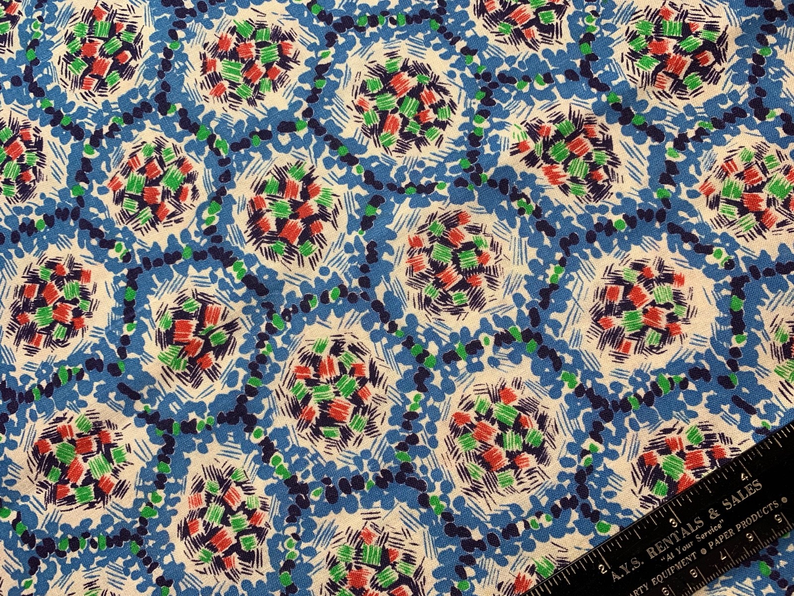 Vintage Cotton Feedsack Fabric 30s40s Red Blue Green Black Honeycomb EXC
