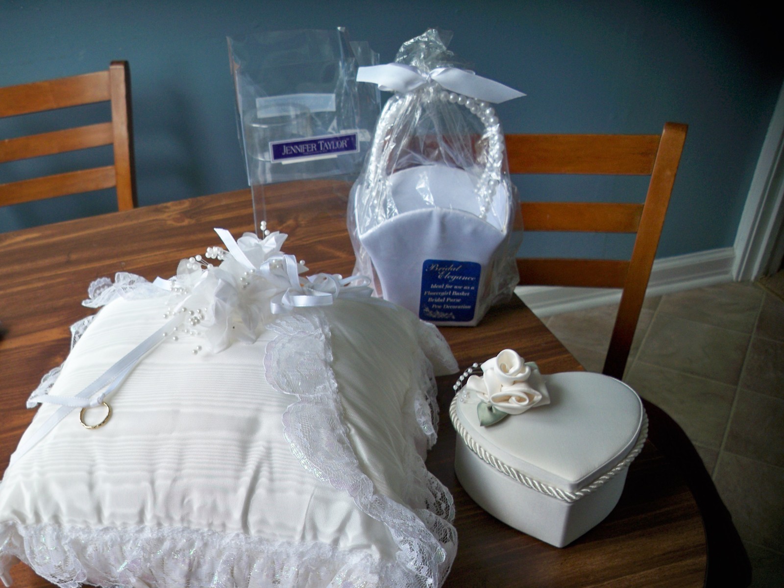 LACE WEDDING RING PILLOW,PEARL HANDLE FLOWER GIRL BASKET,AND BRIDAL CHEST BOX