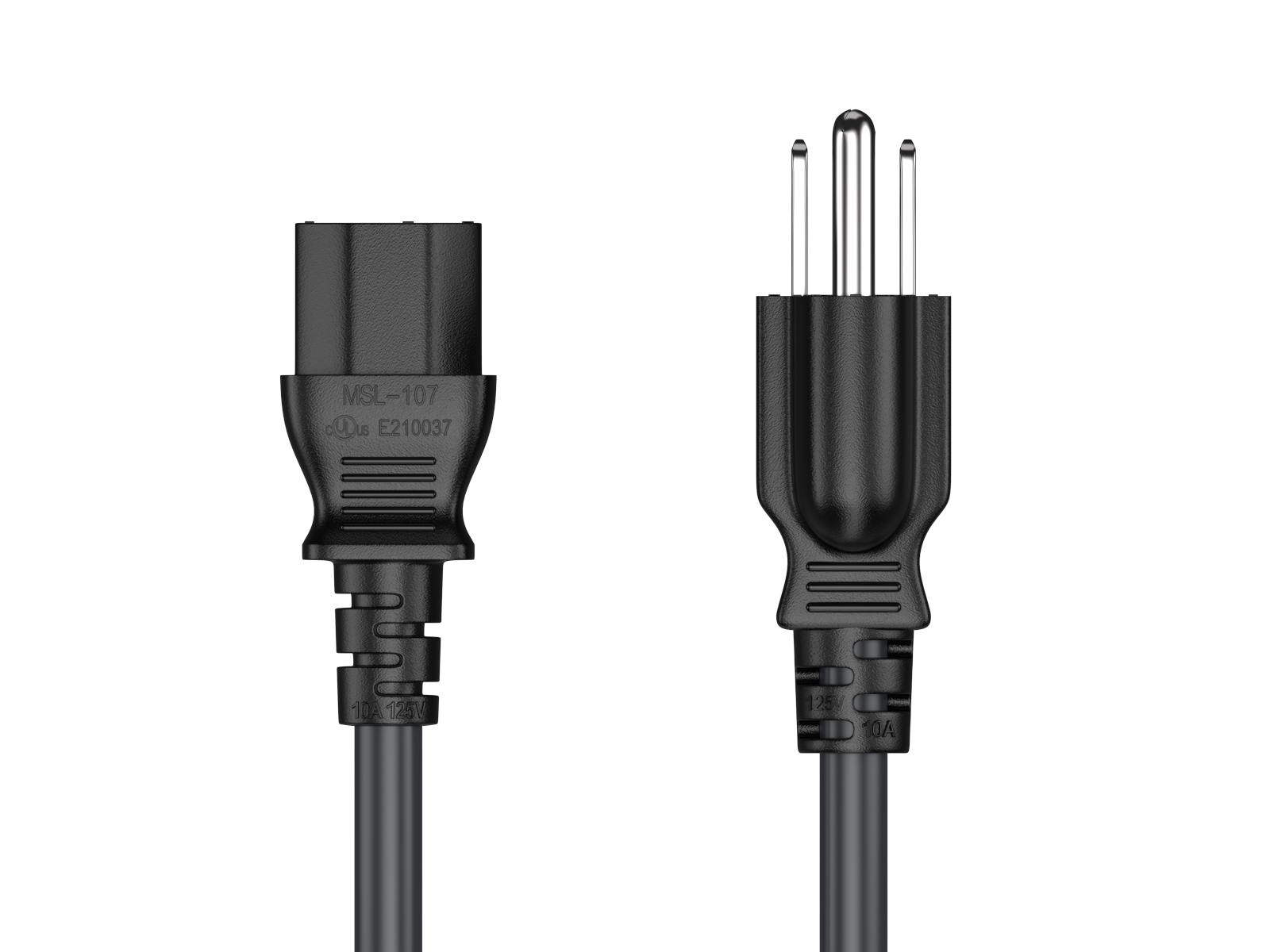 10 ft 18 AWG 10 Amp Power Cord C13 to 5-15P for Computer, Monitor, TV