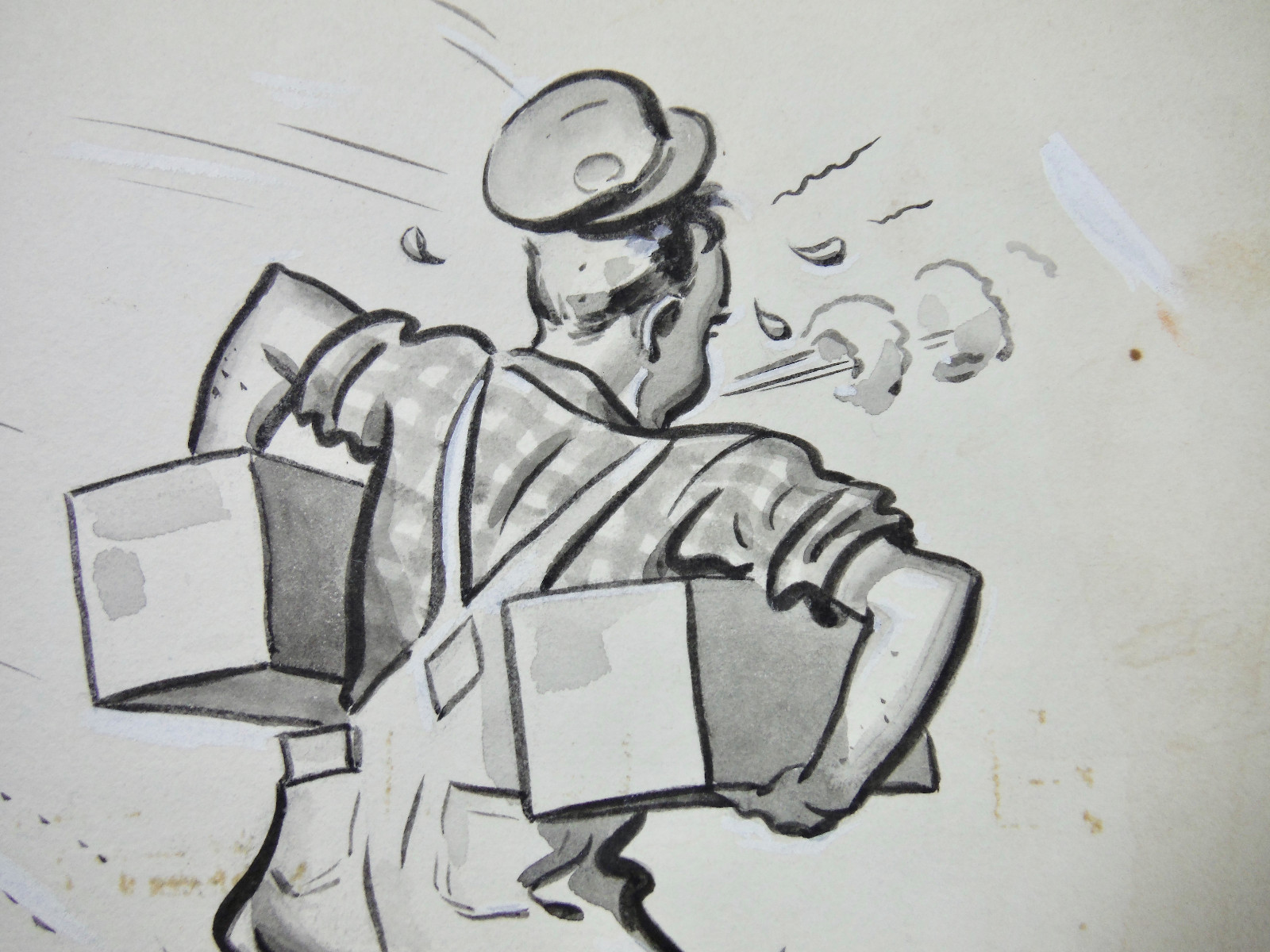 1940s ORIGINAL ILLUSTRATION ART black & white TRUCK DRIVER DELIVERY MAN 7.5 X 10