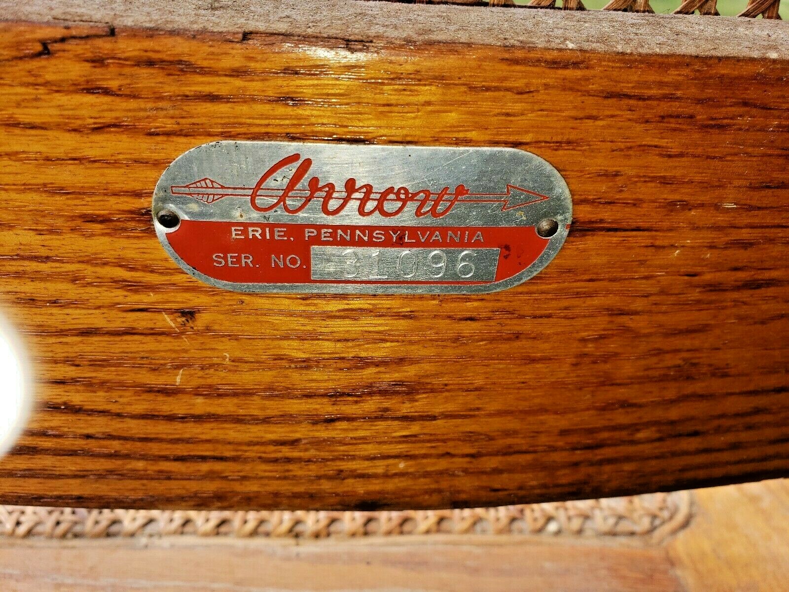 Antique Vintage Arrow 4 wheeled Wood Wicker Wheelchair Erie Penn.Ser No 31096