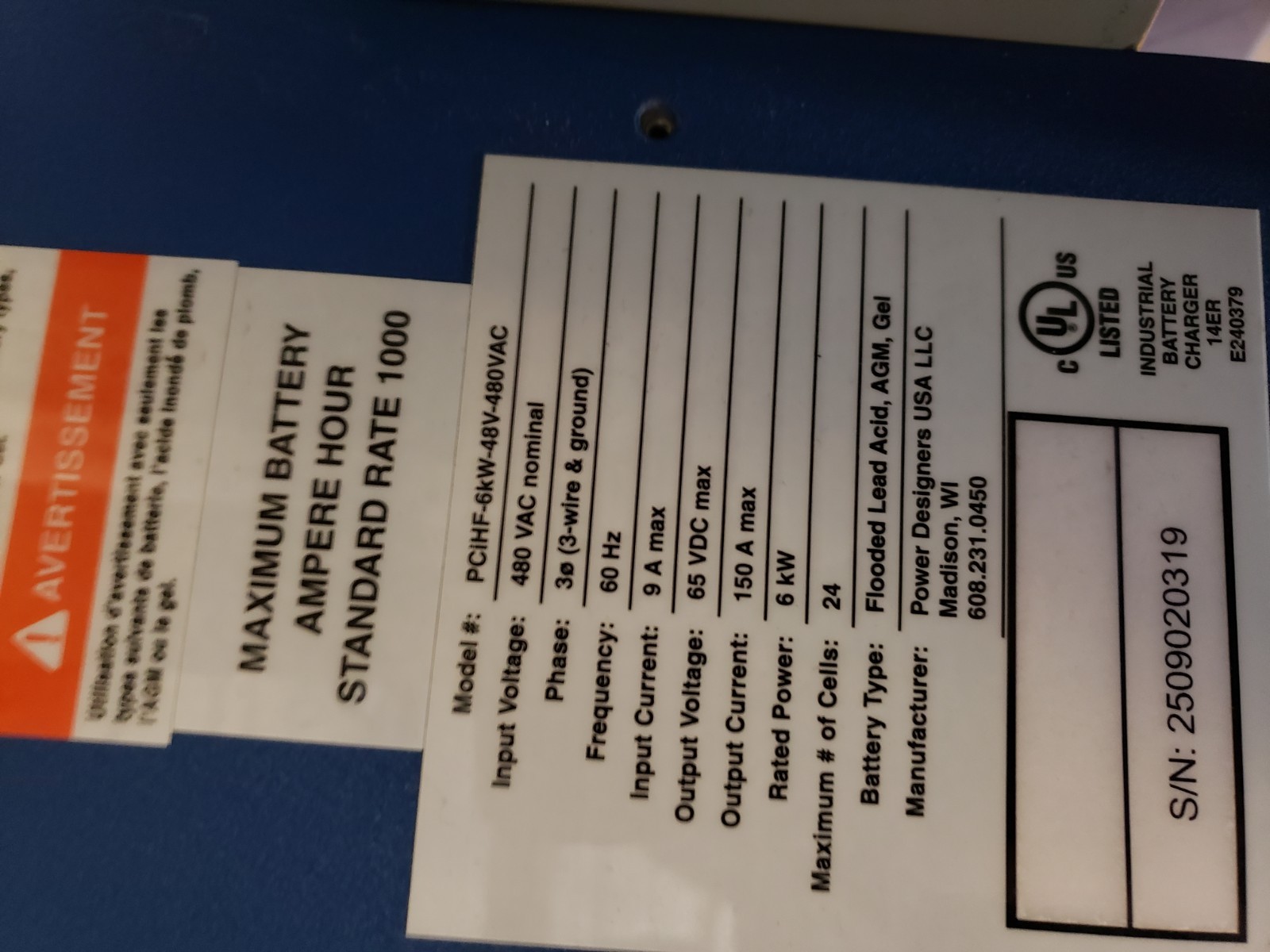 POWER DESIGNERS IHF SERIES  INDUSTRIAL CHARGER  PCIHF-6KW-48V-480VAC