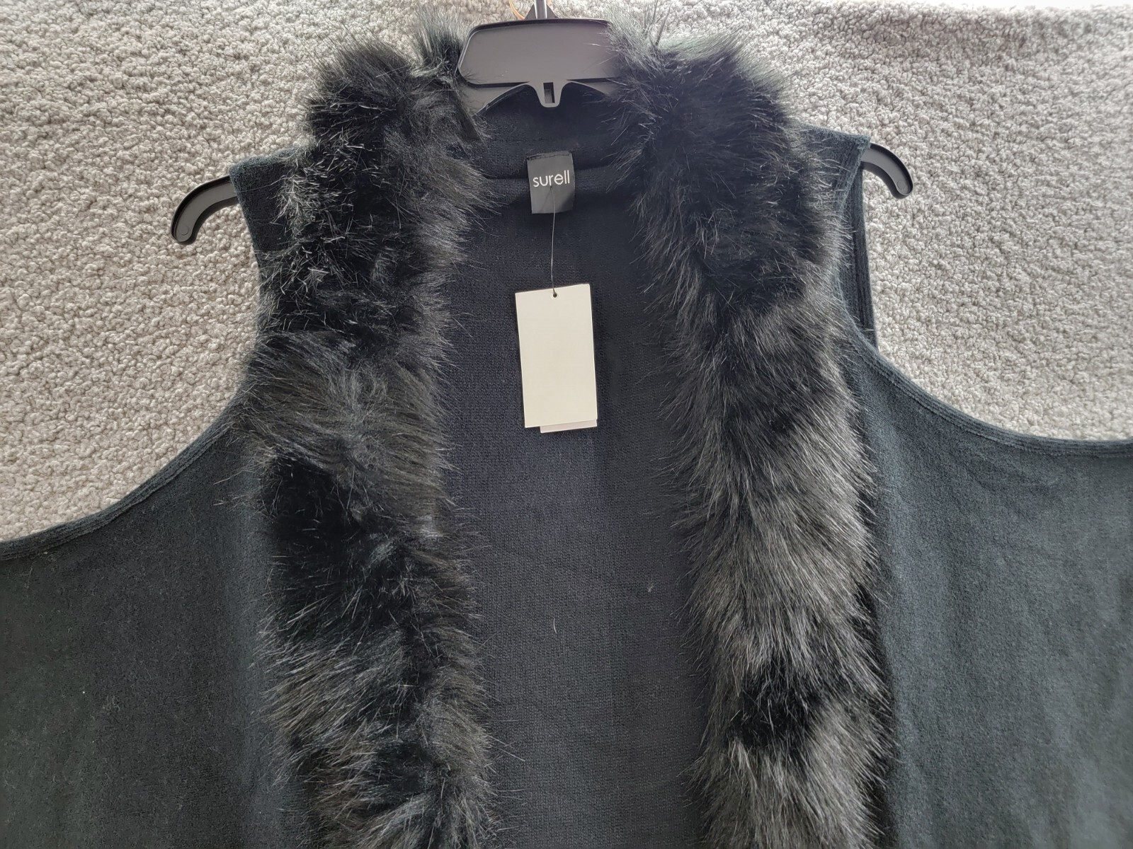Surell Faux Fur Trimmed Knit Vest Women's One Size Black Shawl Collar Hook & Eye - Picture 3 of 13