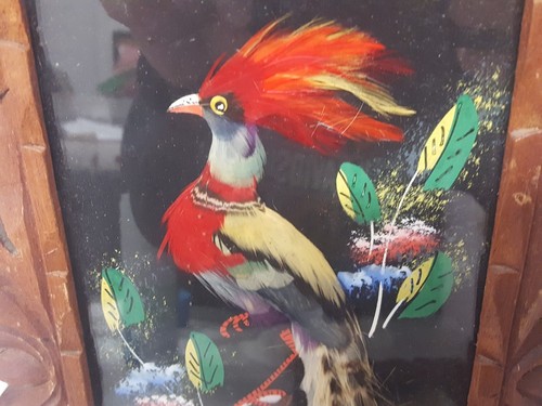 Vintage Mexico Feathercraft Hand Painted Bird Pictures Carved Frames Set Of 2