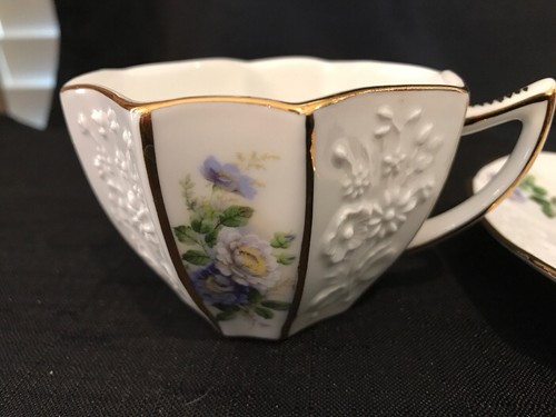 Teacup and Saucer, Blue and White, Unique Shape Octagonal Cup, Embossed Design