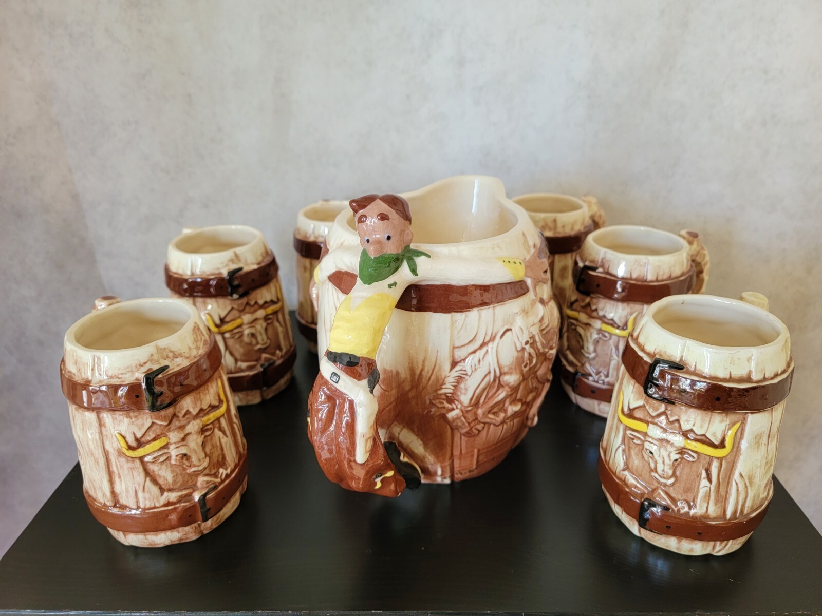 Vintage Twin Winton Open Range Cowboy Pitcher & 6 Steer Mug Set
