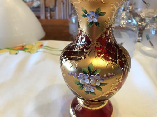 Bohemian Crystal Vase 24K Gold Enamel Gilded Red  Hand Painted 6 Inches Tall