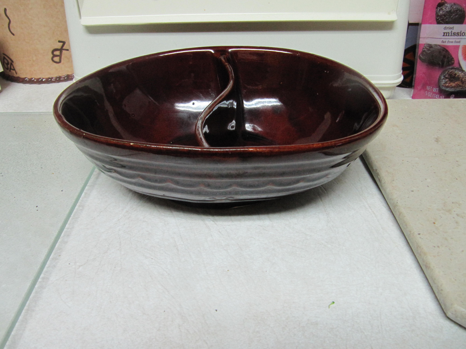 Marcrest Stoneware Pottery Divided Bowl Daisy Dot Brown 10x8 Oven-Proof