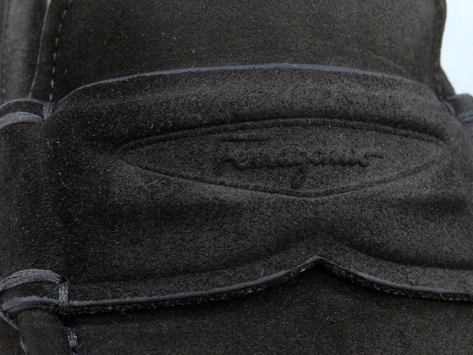 FERRAGAMO FERRAGAMO LANZAROTE HICKORY BROWN SUEDE MOCCASIN LOGO PENNY LOAFERS 10 D