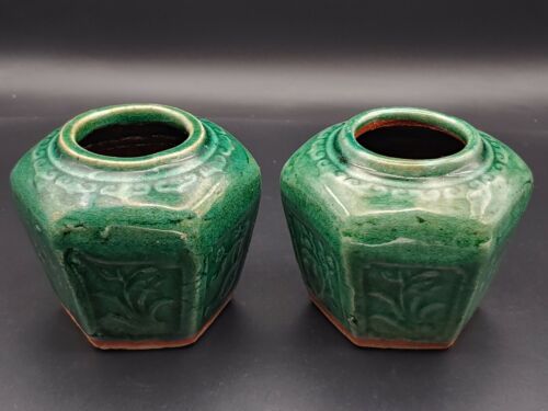 清代石湾陶绿釉六方罐 Antique China Qing Shiwan Pottery Green 清代石湾陶绿釉六方罐 Antique China Qing Shiwan Pottery Green