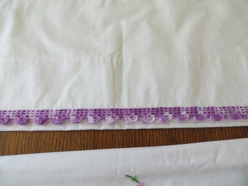 3 Pretty 100% Cotton Pillowcases Lavender Pansies Hand Embroidery Crocheted Trim
