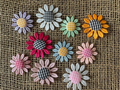 10pc Upick Gingham Flower Fabric Applique Embellishments- Scrapbook Hairbow J71