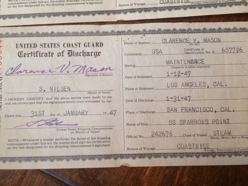4 1947 U.S. Coast Guard Certificate of Discharge Merchant Seaman Steam Vessels