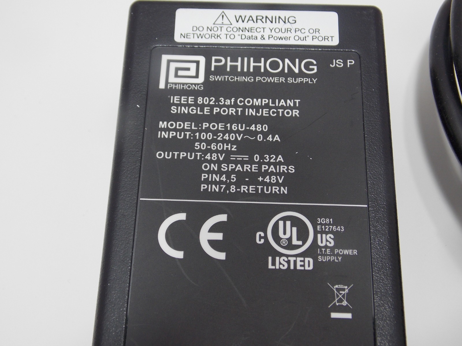 Used Phihong PSA16U-480 (POE) 48V Power Over Ethernet Single port