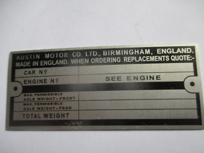 Typenschild id-plate Austin Healey birmingham Schild S89