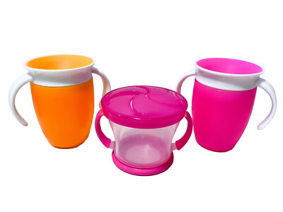 Munchkin Set Of 3 Double Handle Snack Catcher Bowl & 2 Miracle 360 Sippy Cups
